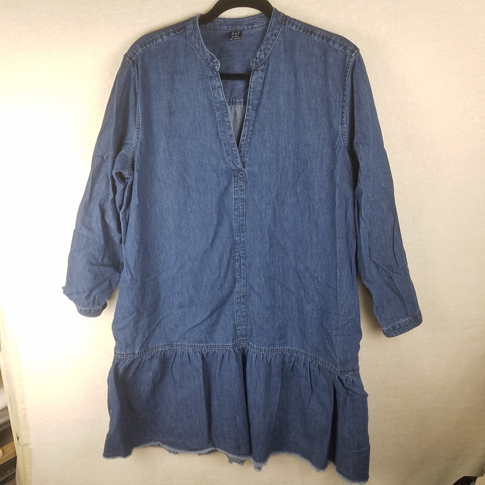 Gap Denim Dress Womens XL Tall Blue‎ Ruffle Hem Split Neck Drop Waist tunic NWOT